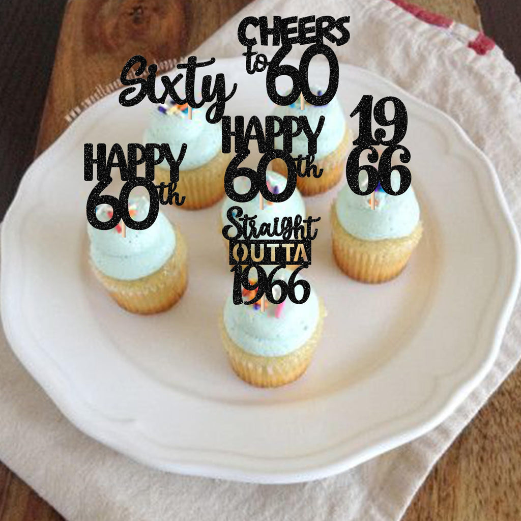 ZHUOWEISM 30Pcs Black Glitter Cupcake Toppers — Straight Outta 1966, 60th Birthday & Anniversary