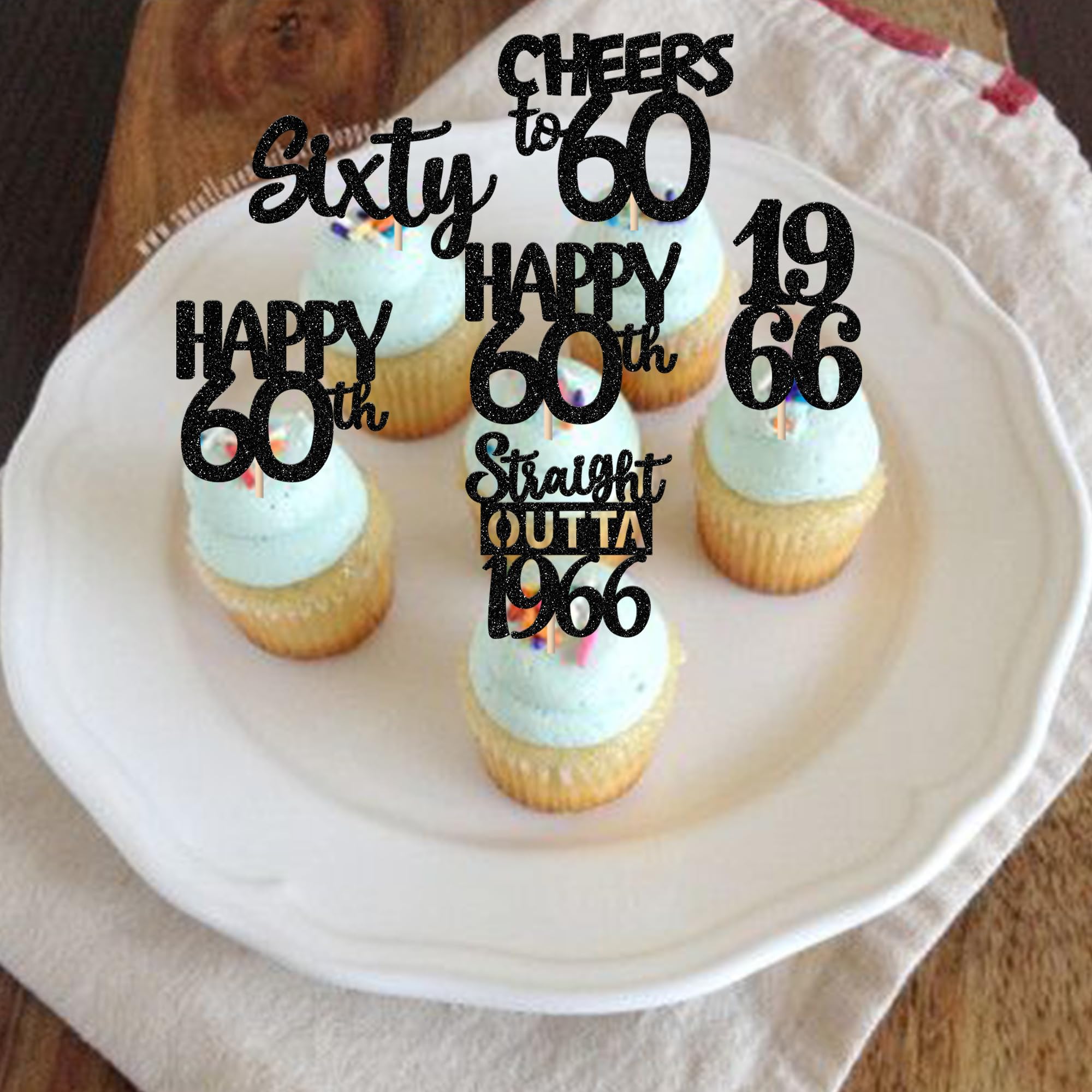 ZHUOWEISM 30Pcs Black Glitter Cupcake Toppers — Straight Outta 1966, 60th Birthday & Anniversary