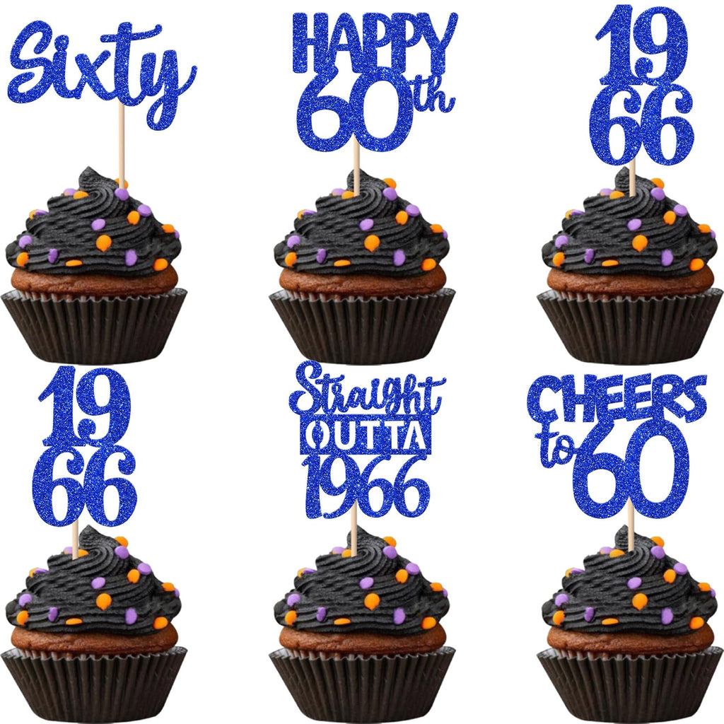 ZHUOWEISM 30 PCS 60th Birthday Cupcake Toppers – Glitter Straight Outta 1966, Blue