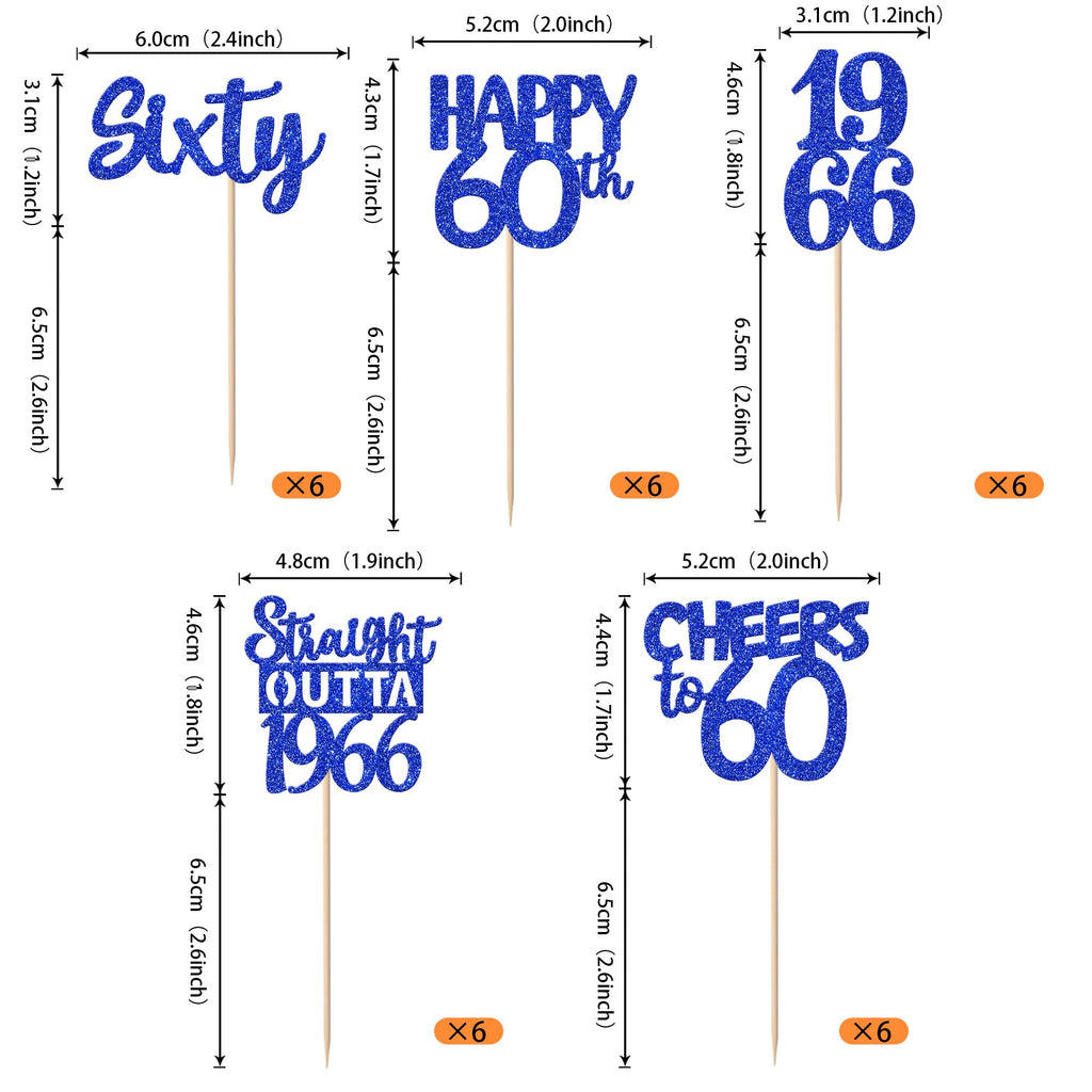 ZHUOWEISM 30 PCS 60th Birthday Cupcake Toppers – Glitter Straight Outta 1966, Blue