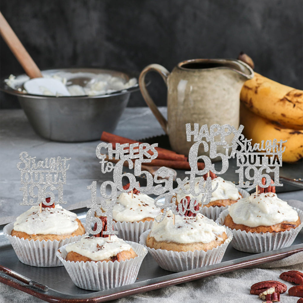 ZHUOWEISM 30 PCS 65th Birthday Cupcake Toppers Glitter Silver - Straight Outta 1961 Party Picks