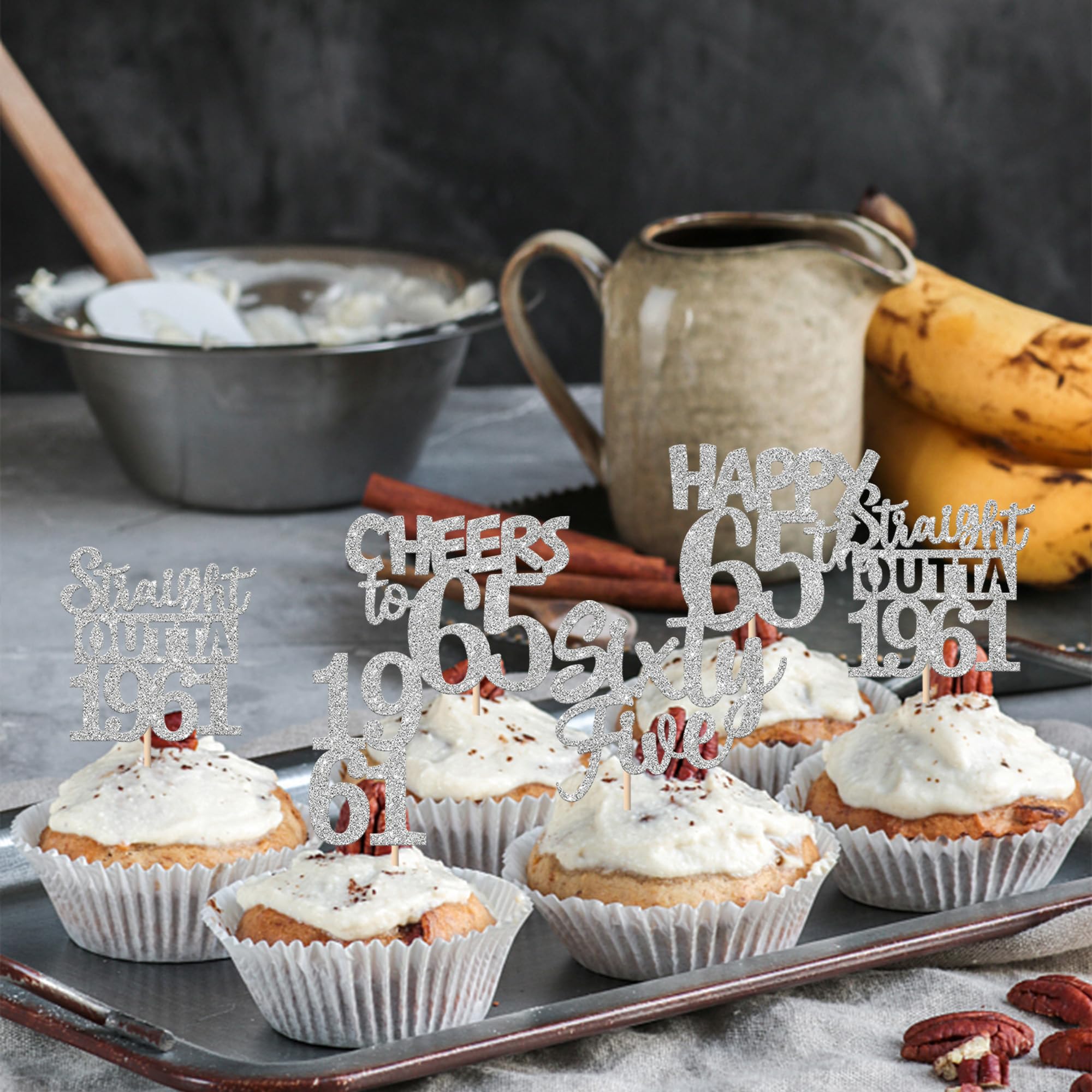 ZHUOWEISM 30 PCS 65th Birthday Cupcake Toppers Glitter Silver - Straight Outta 1961 Party Picks