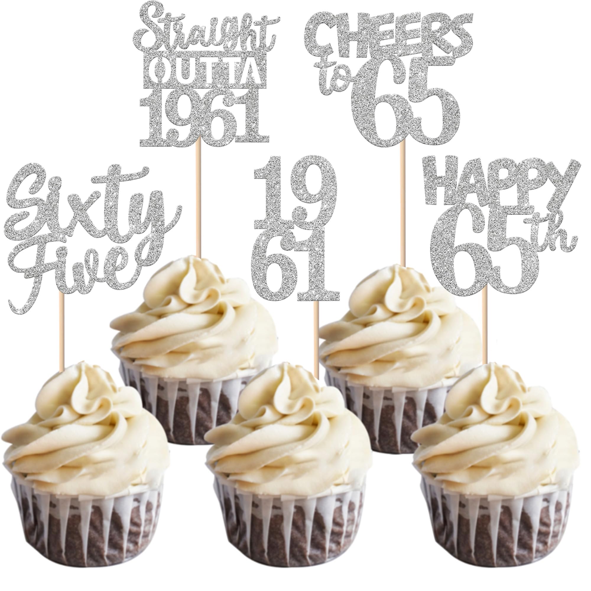 ZHUOWEISM 30 PCS 65th Birthday Cupcake Toppers Glitter Silver - Straight Outta 1961 Party Picks
