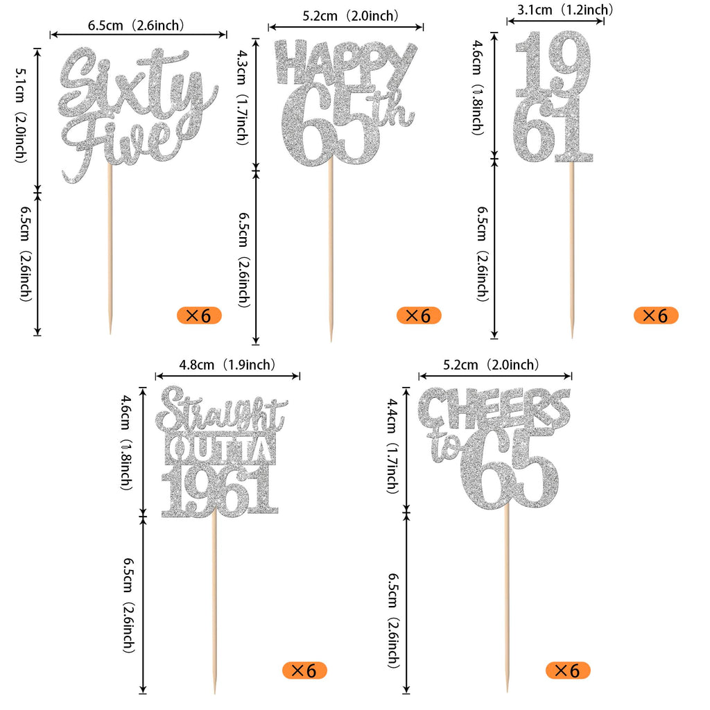 ZHUOWEISM 30 PCS 65th Birthday Cupcake Toppers Glitter Silver - Straight Outta 1961 Party Picks