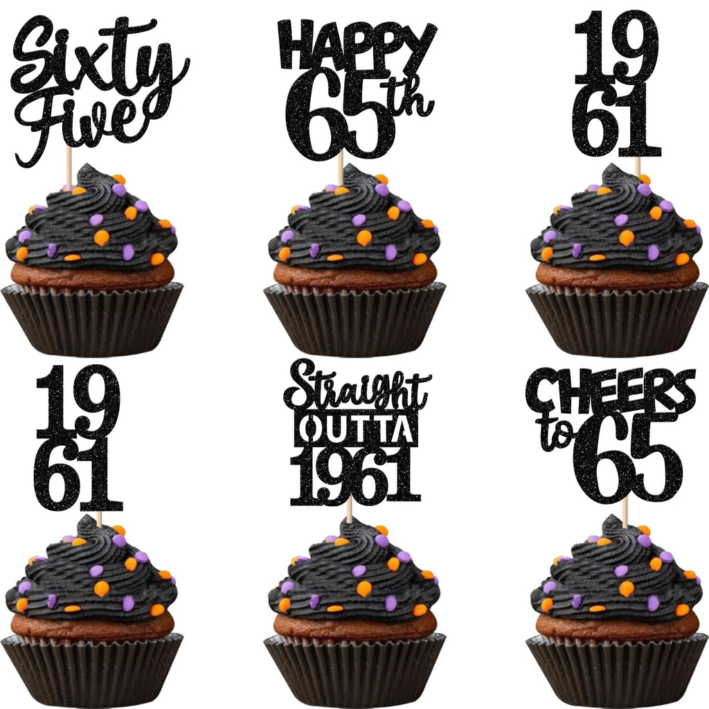 ZHUOWEISM 30PCS Black Glitter 65th Birthday Cupcake Toppers | Straight Outta 1961