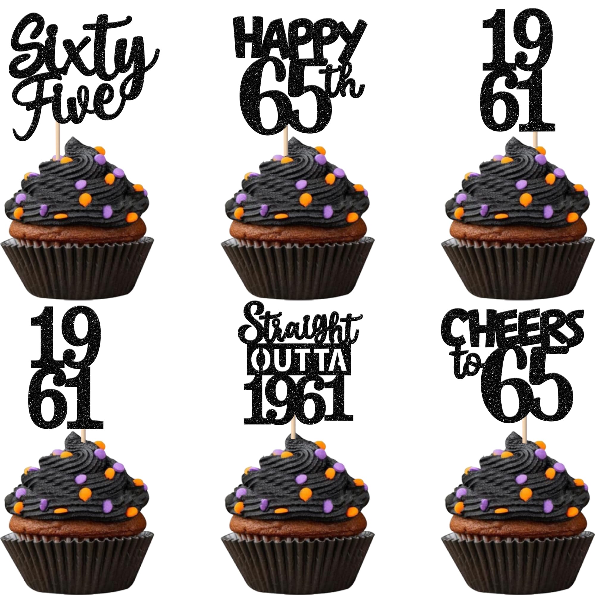 ZHUOWEISM 30PCS Black Glitter 65th Birthday Cupcake Toppers | Straight Outta 1961