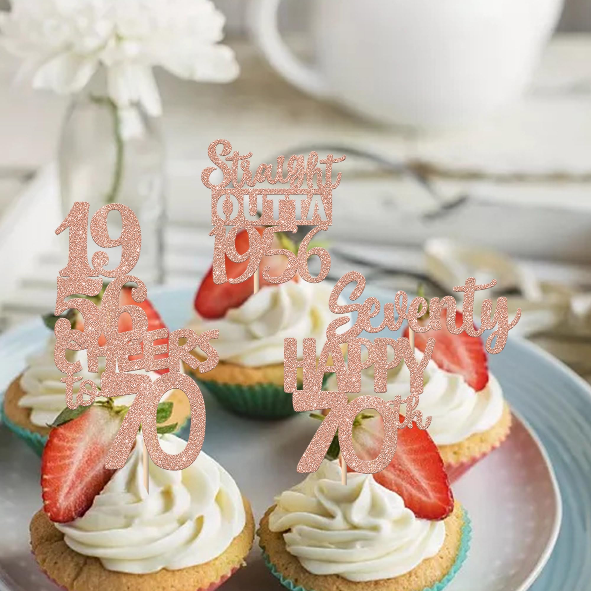 ZHUOWEISM 30PCS 70th Birthday Cupcake Toppers – Glitter Rose Gold, Straight Outta 1956