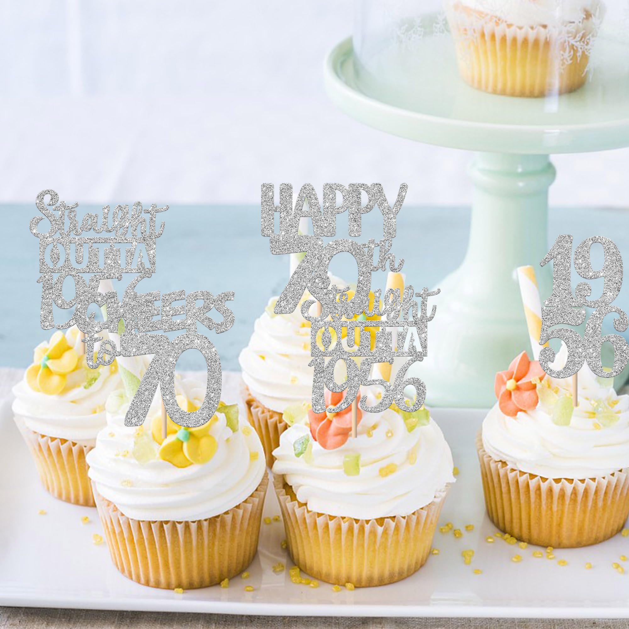 ZHUOWEISM 30 Pcs 70th Birthday Cupcake Toppers – Glitter Seventy Straight Outta 1956 Party Picks