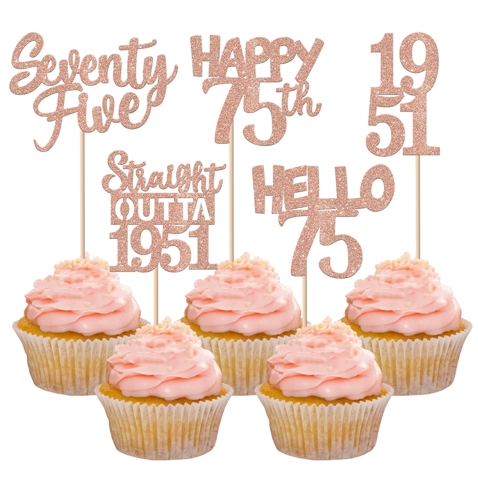 ZHUOWEISM 30Pcs 75th Birthday Cupcake Toppers Glitter Seventy Five - Straight Outta 1951 Rose Gold