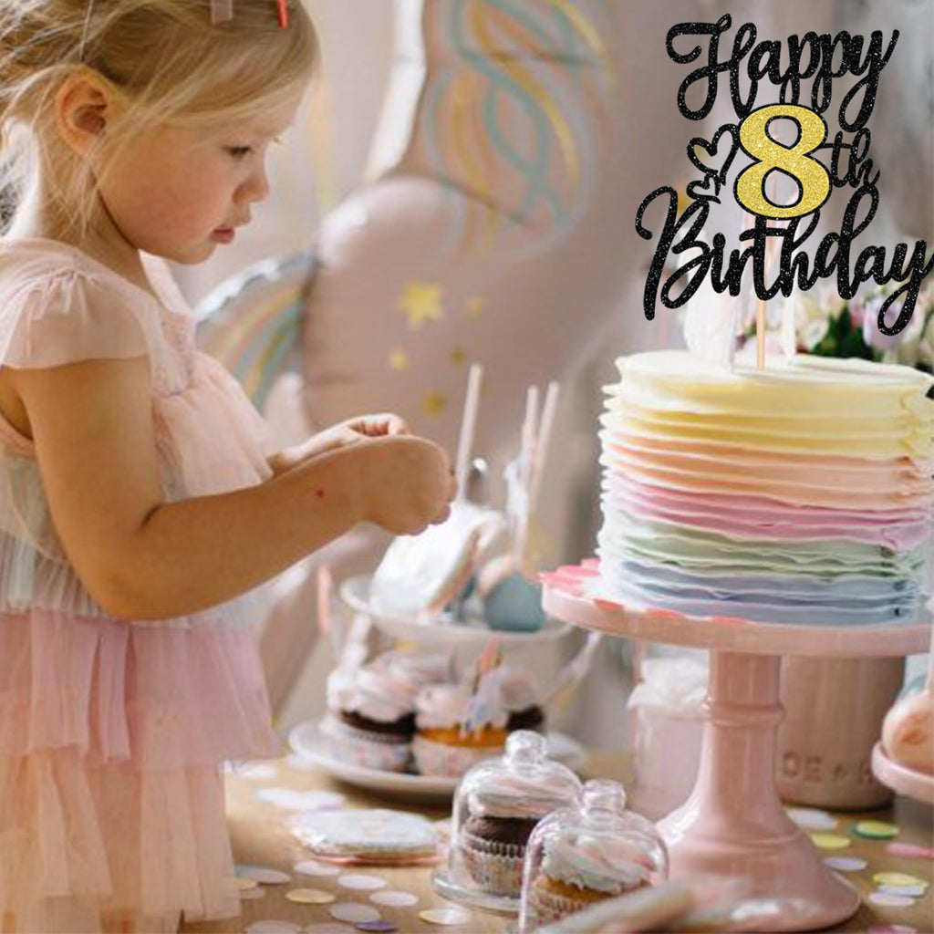 ZHUOWEISM Happy 8th Birthday Cake Topper – Black Gold Glitter Cheers to 8 Years