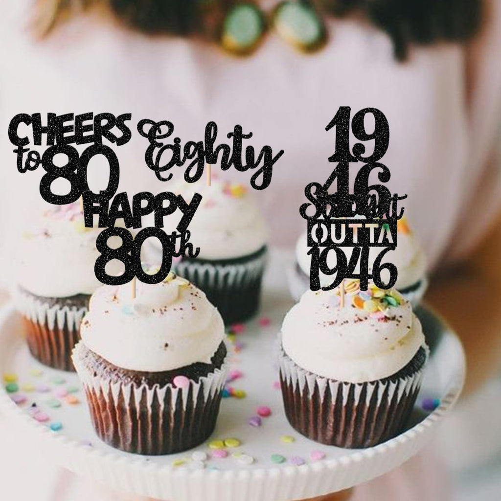 ZHUOWEISM 30Pcs Black Glitter 80th Birthday Cupcake Toppers — Straight Outta 1946 Party Picks