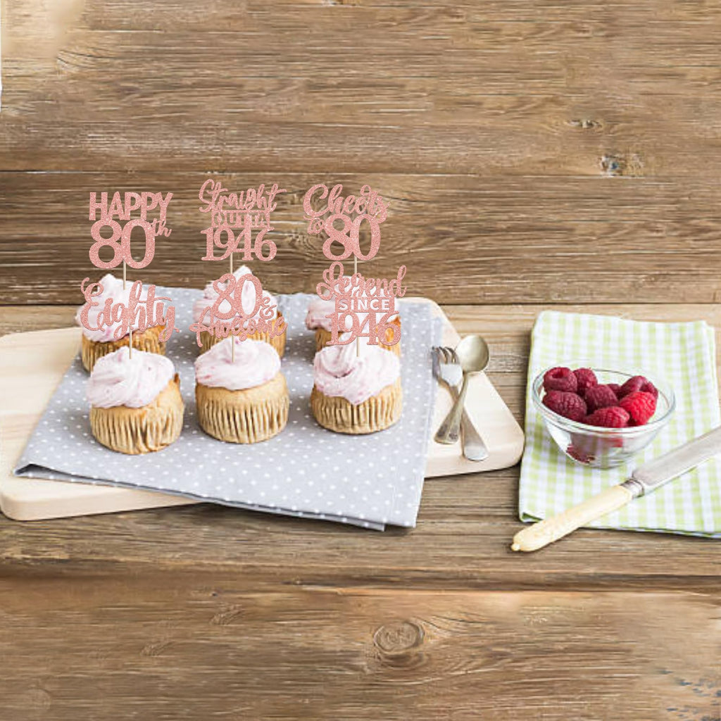 ZHUOWEISM 24Pcs Happy 80th Birthday Cupcake Toppers – Straight Outta 1946 (Rose Gold Glitter)