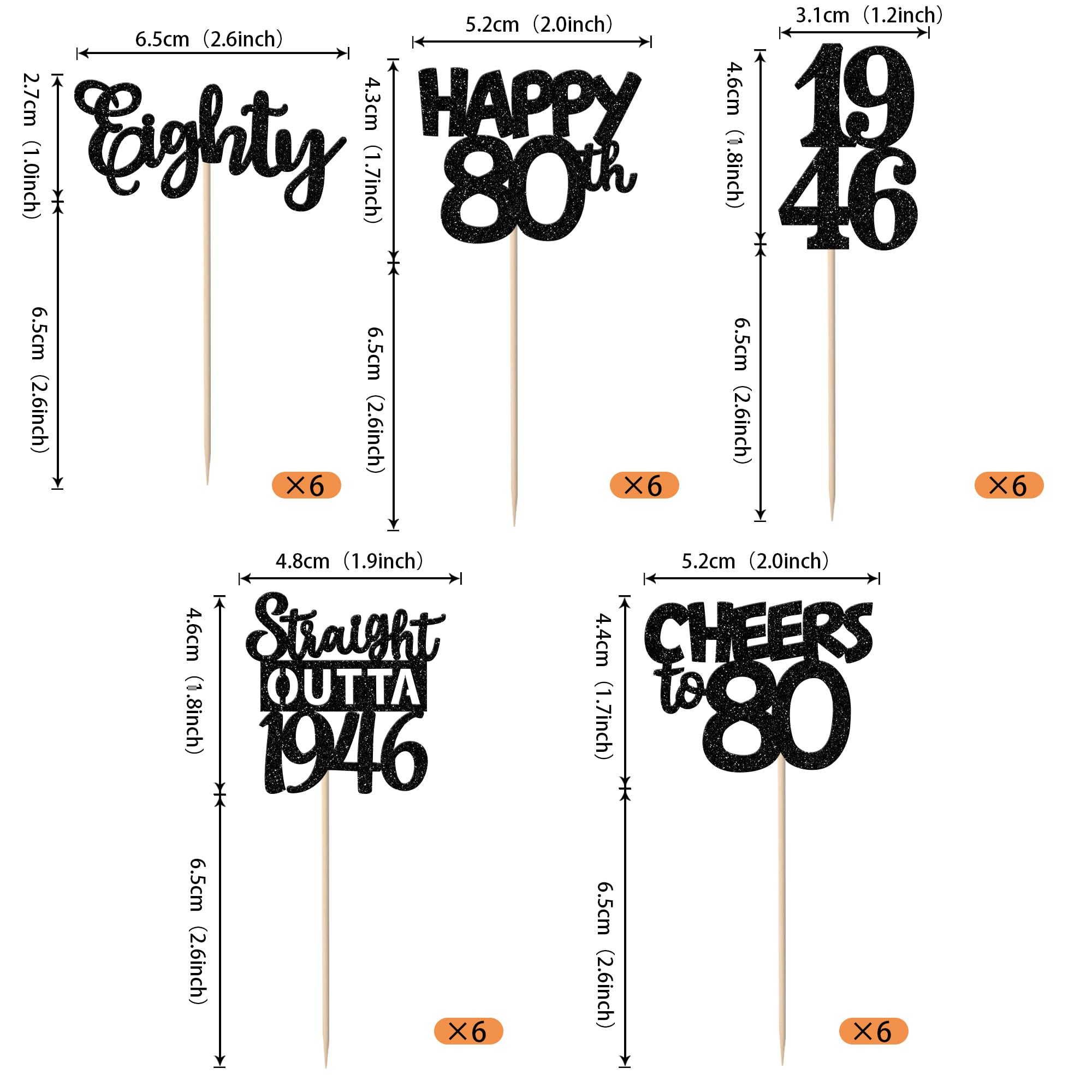 ZHUOWEISM 30Pcs Black Glitter 80th Birthday Cupcake Toppers — Straight Outta 1946 Party Picks