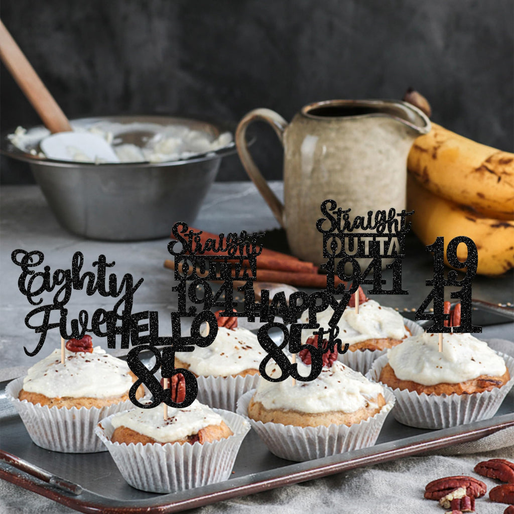 ZHUOWEISM 30Pcs Black Glitter 85th Birthday Cupcake Toppers – Straight Outta 1941