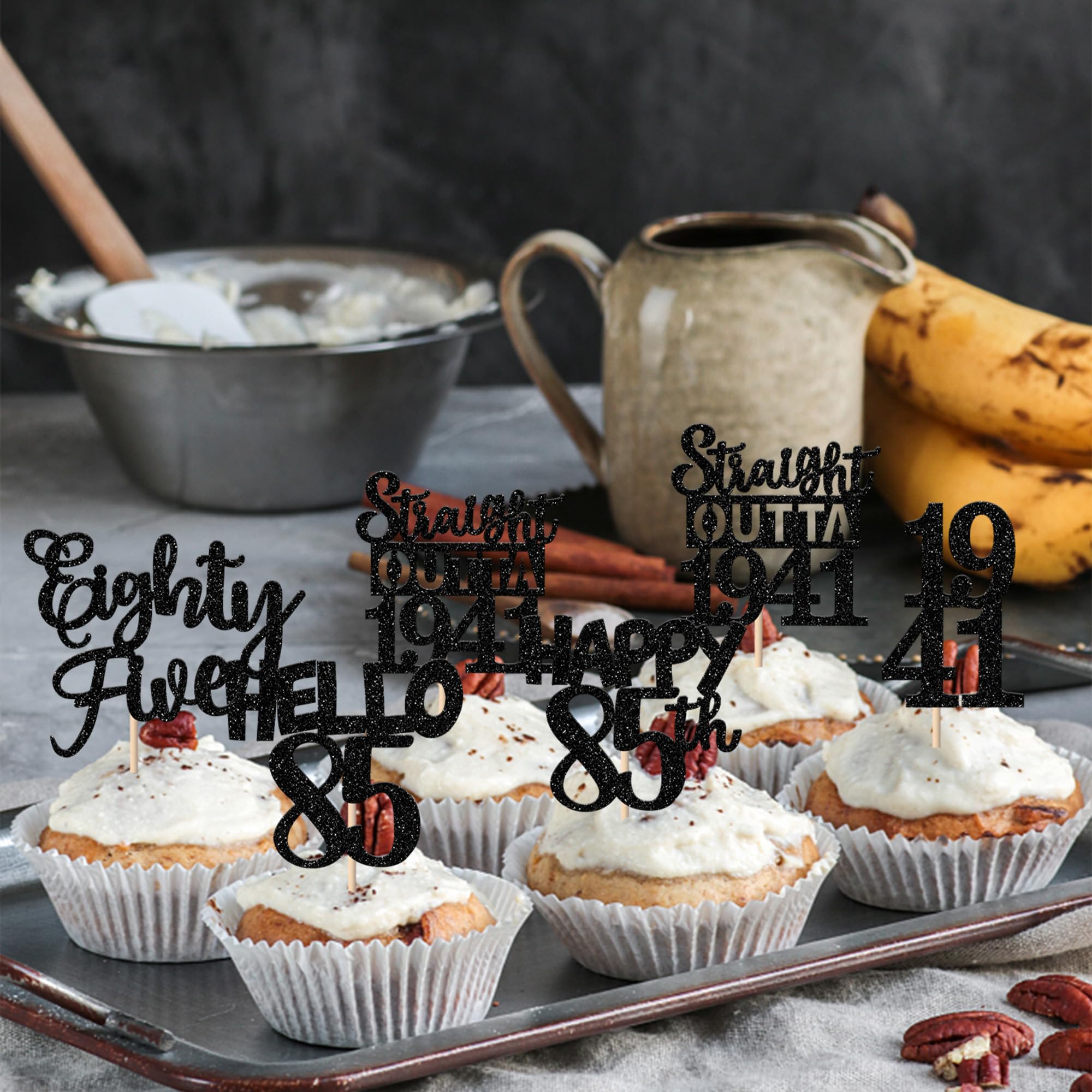 ZHUOWEISM 30Pcs Black Glitter 85th Birthday Cupcake Toppers – Straight Outta 1941