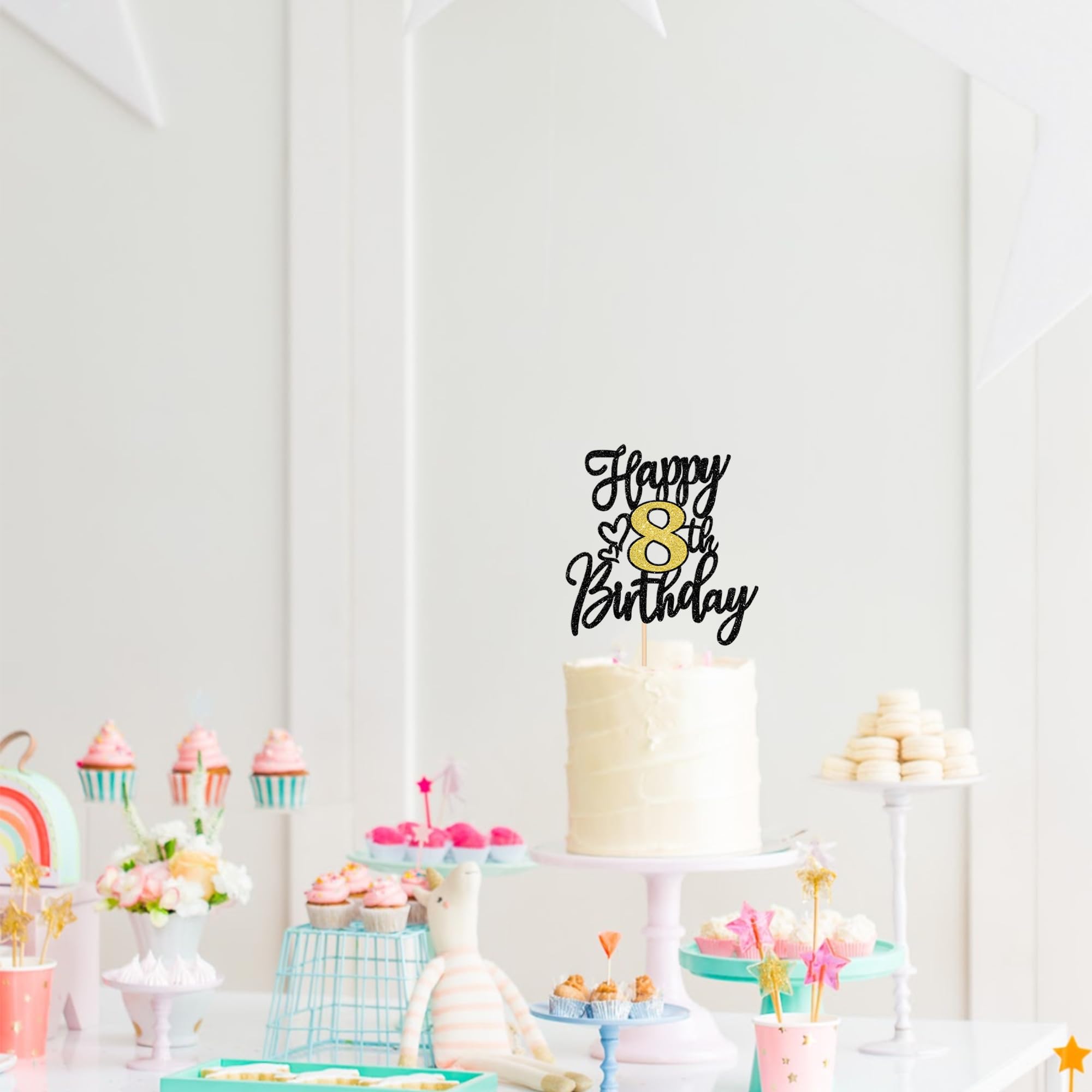 ZHUOWEISM Happy 8th Birthday Cake Topper – Black Gold Glitter Cheers to 8 Years