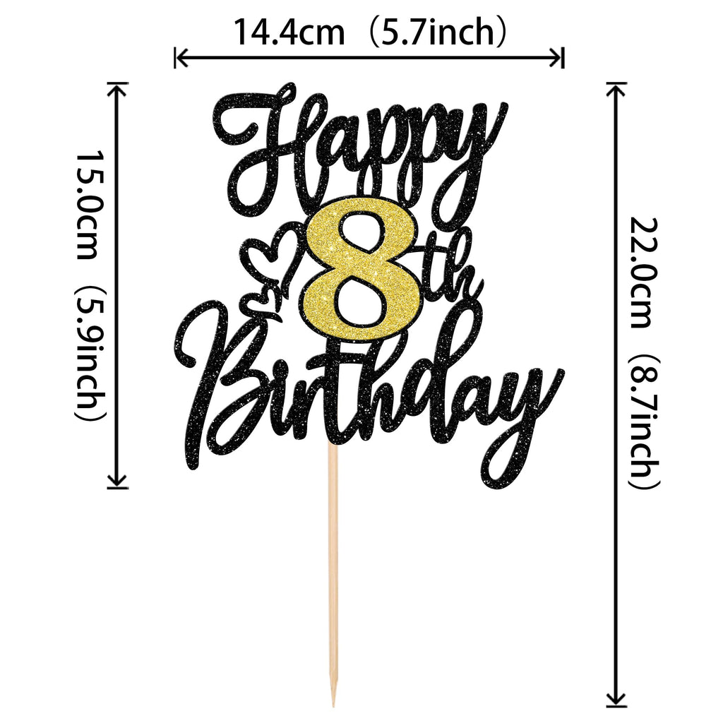 ZHUOWEISM Happy 8th Birthday Cake Topper – Black Gold Glitter Cheers to 8 Years