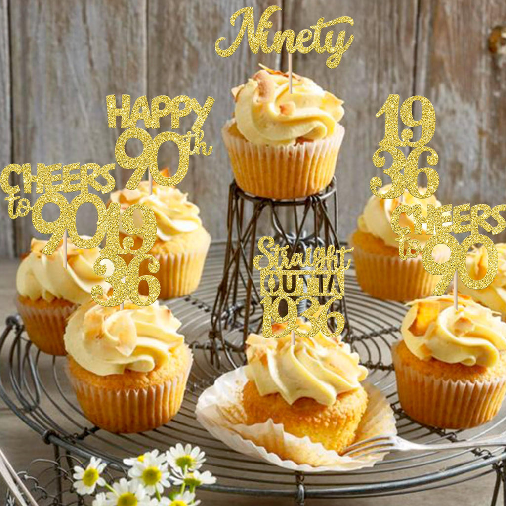 ZHUOWEISM 30Pcs Happy 90th Birthday Cupcake Toppers | Gold Glitter | Straight Outta 1936 - 90 Fabulous Cake Decorations