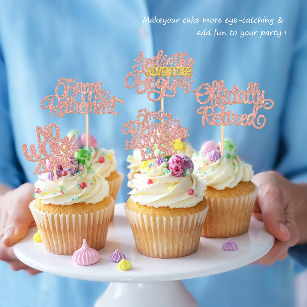 ZHUOWEISM 30 Pcs Happy Retirement Cupcake Toppers – Rose Gold & No Work Zone Adventure Begins
