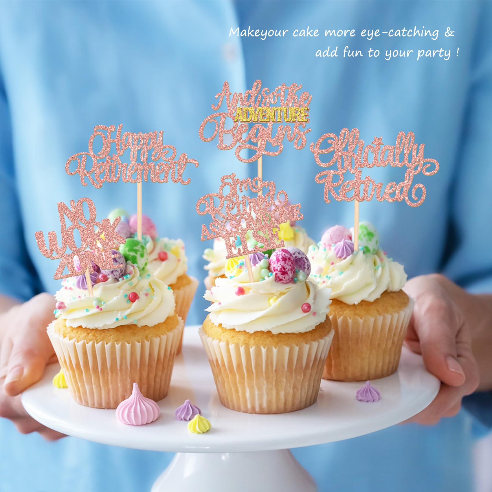 ZHUOWEISM 30 Pcs Happy Retirement Cupcake Toppers – Rose Gold & No Work Zone Adventure Begins