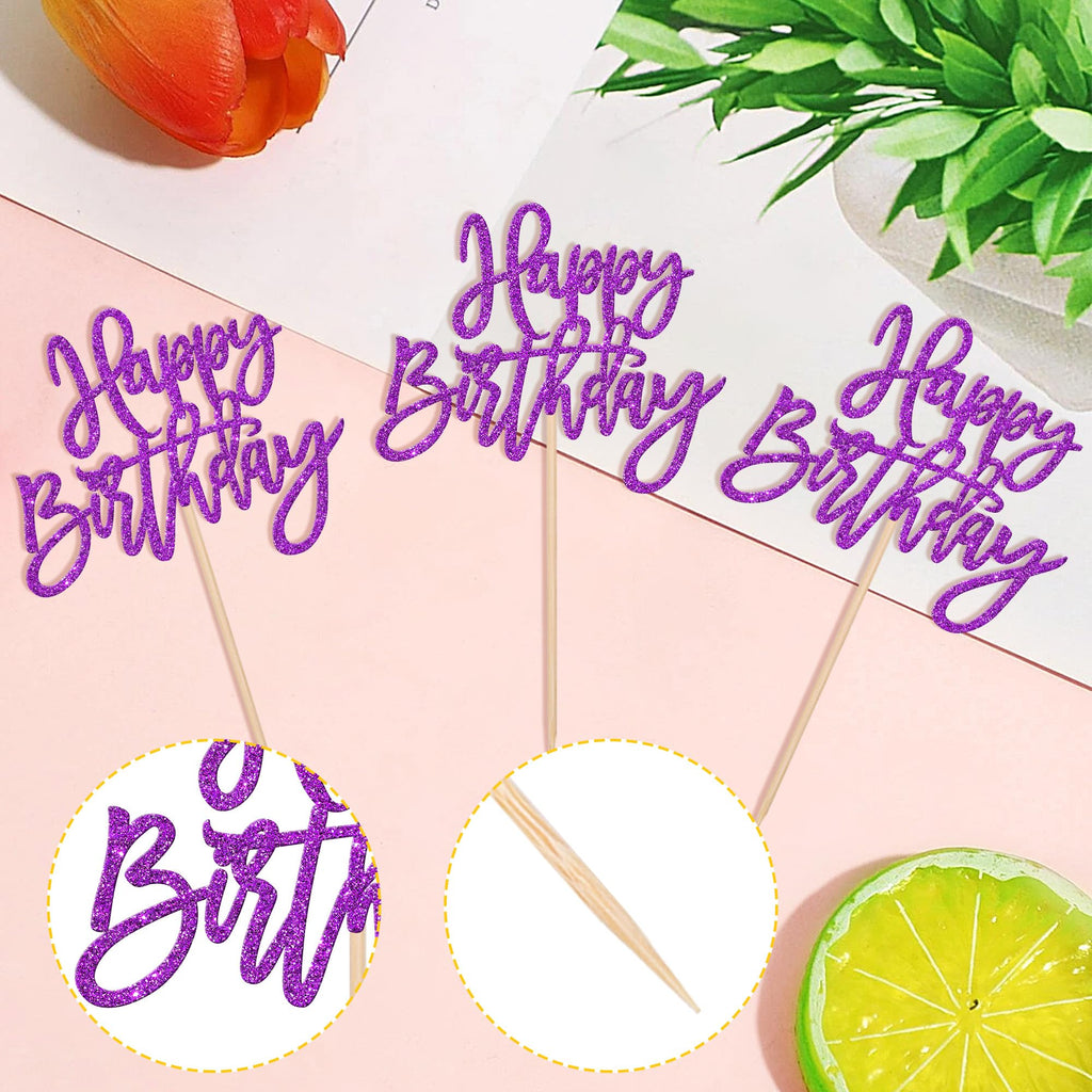 ZHUOWEISM 24 PCS Glitter Happy Birthday Cupcake Toppers – Purple Party Picks