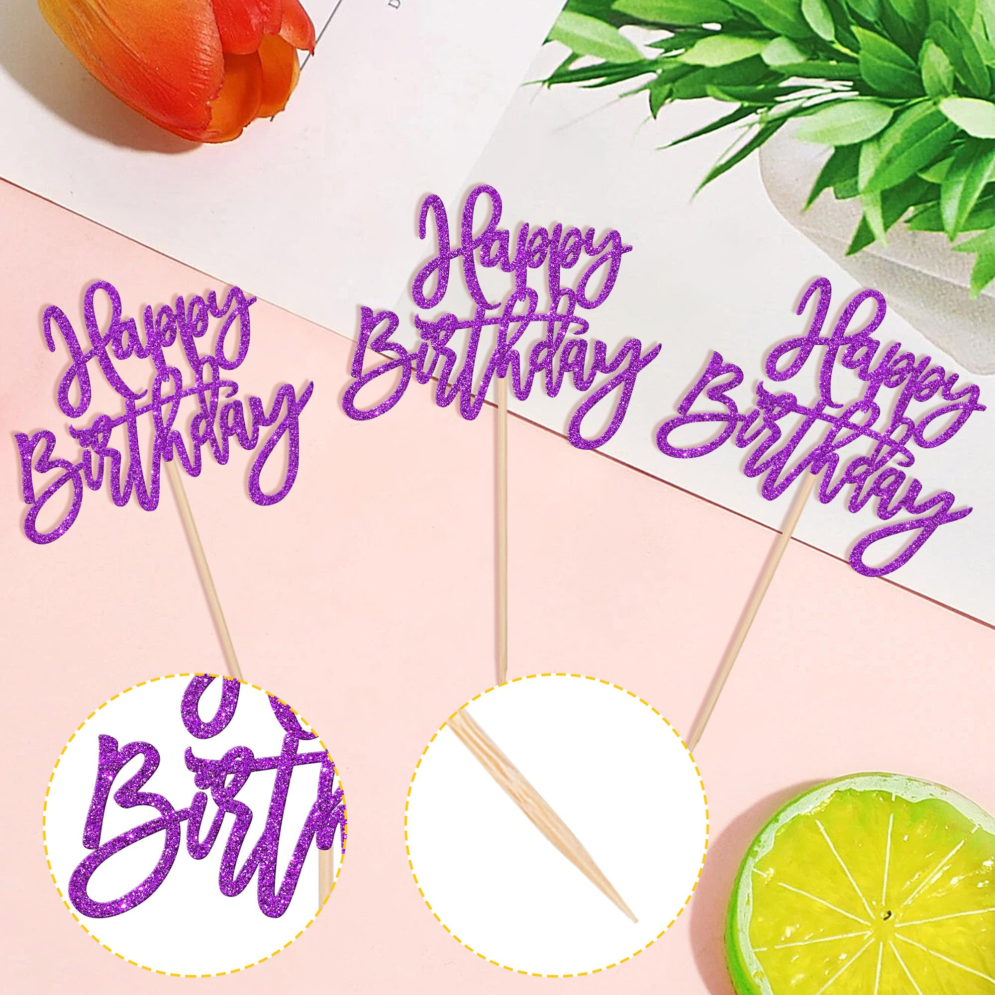 ZHUOWEISM 24 PCS Glitter Happy Birthday Cupcake Toppers – Purple Party Picks