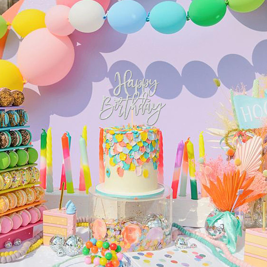 ZHUOWEISM 1pc Happy Birthday Glitter Cake Topper – Silver, Pre-assembled Cake Pick