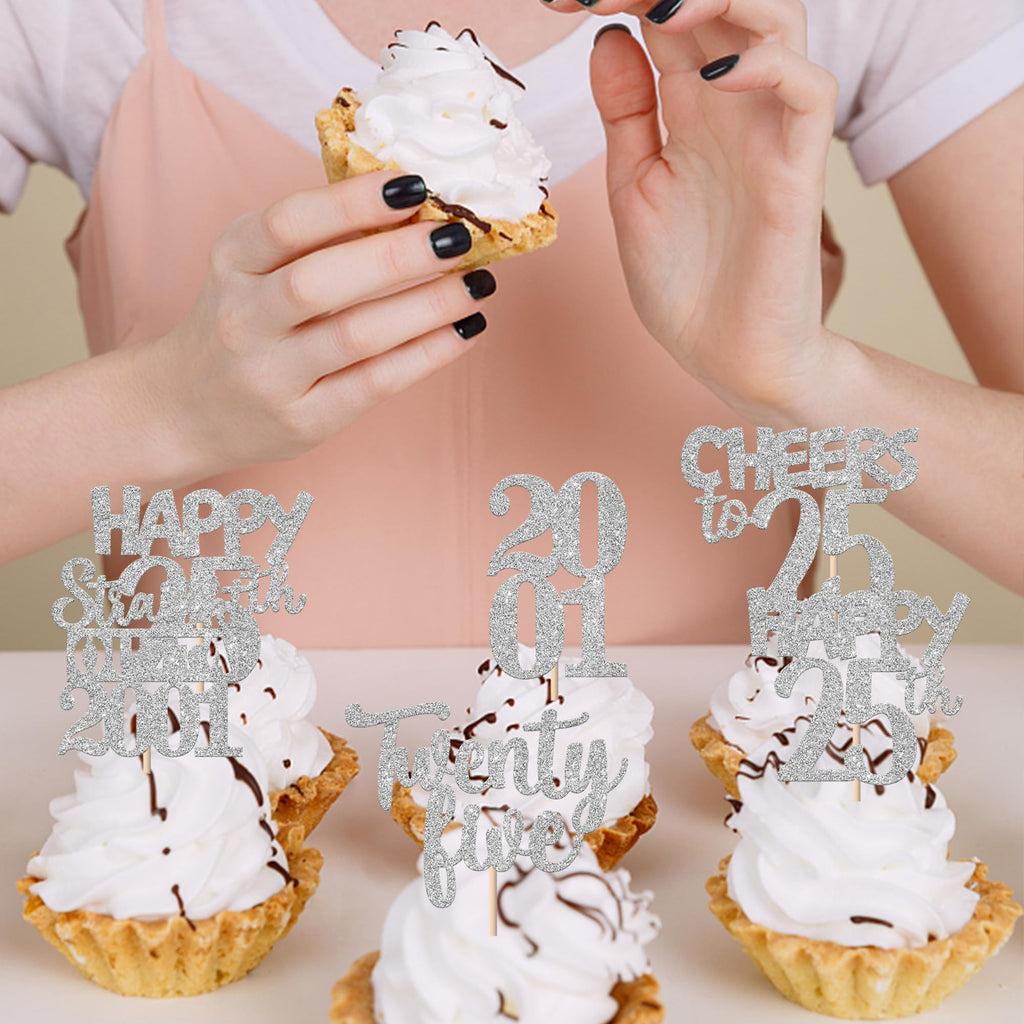 ZHUOWEISM 30Pcs Straight Outta 2001 Cupcake Toppers – Glitter 25th Birthday Picks, Silver