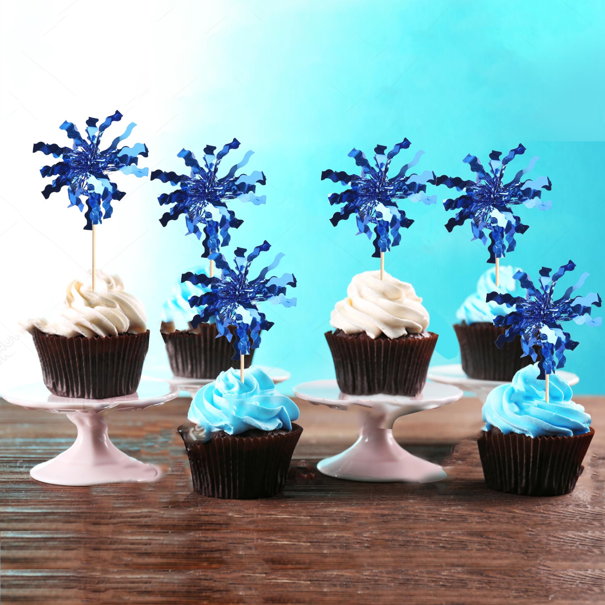 ZHUOWEISM 30 PCS Foil Firework Cupcake Toppers - Dark Blue Sparkle Picks for Birthday Parties