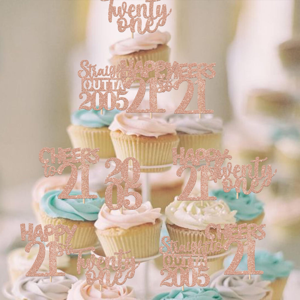 ZHUOWEISM 30Pcs Glitter 21st Birthday Cupcake Toppers – Rose Gold, Straight Outta 2005