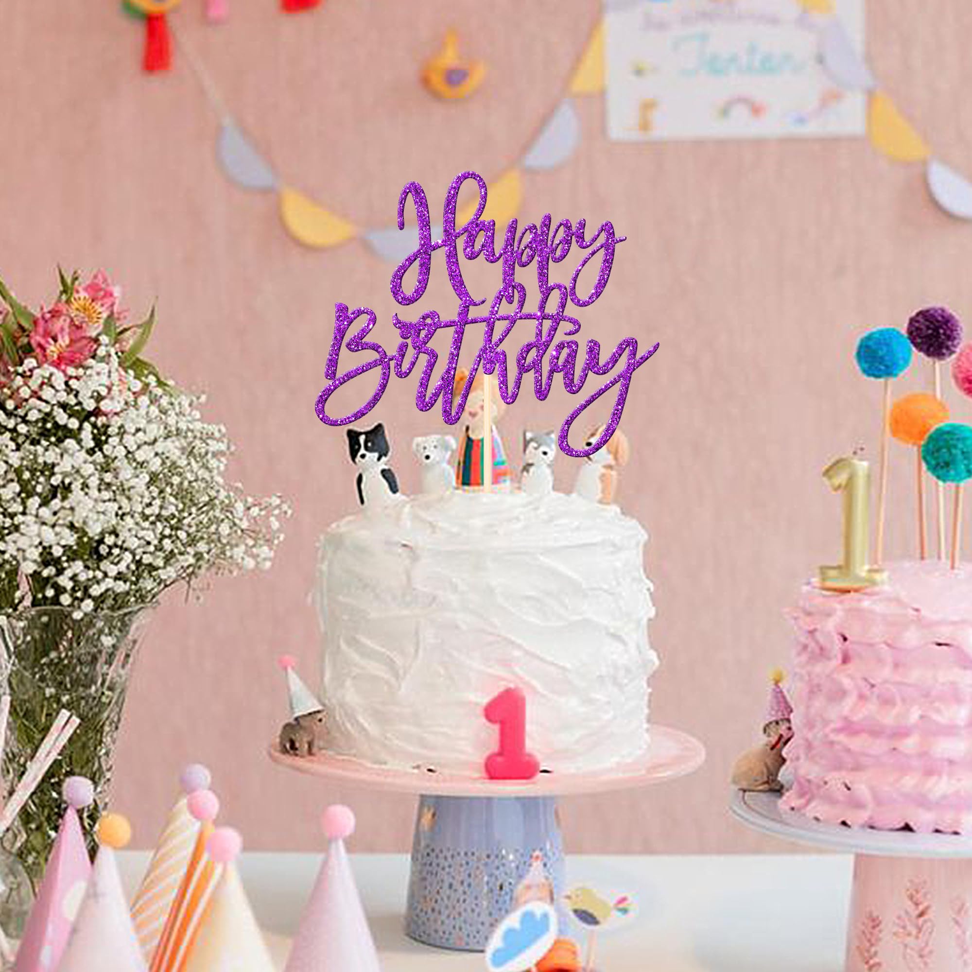 ZHUOWEISM 1-Pcs Glitter Happy Birthday Cake Topper | Purple, No Assembly, Food-Grade Stick