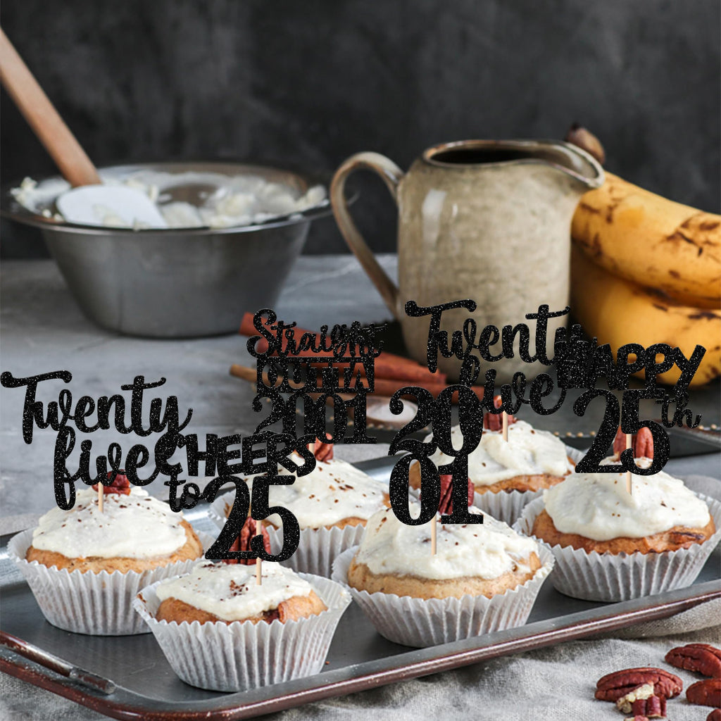 ZHUOWEISM 30Pcs Black Glitter Cupcake Toppers – Happy 25th Birthday, Straight Outta 2001, Party Cake Decorations