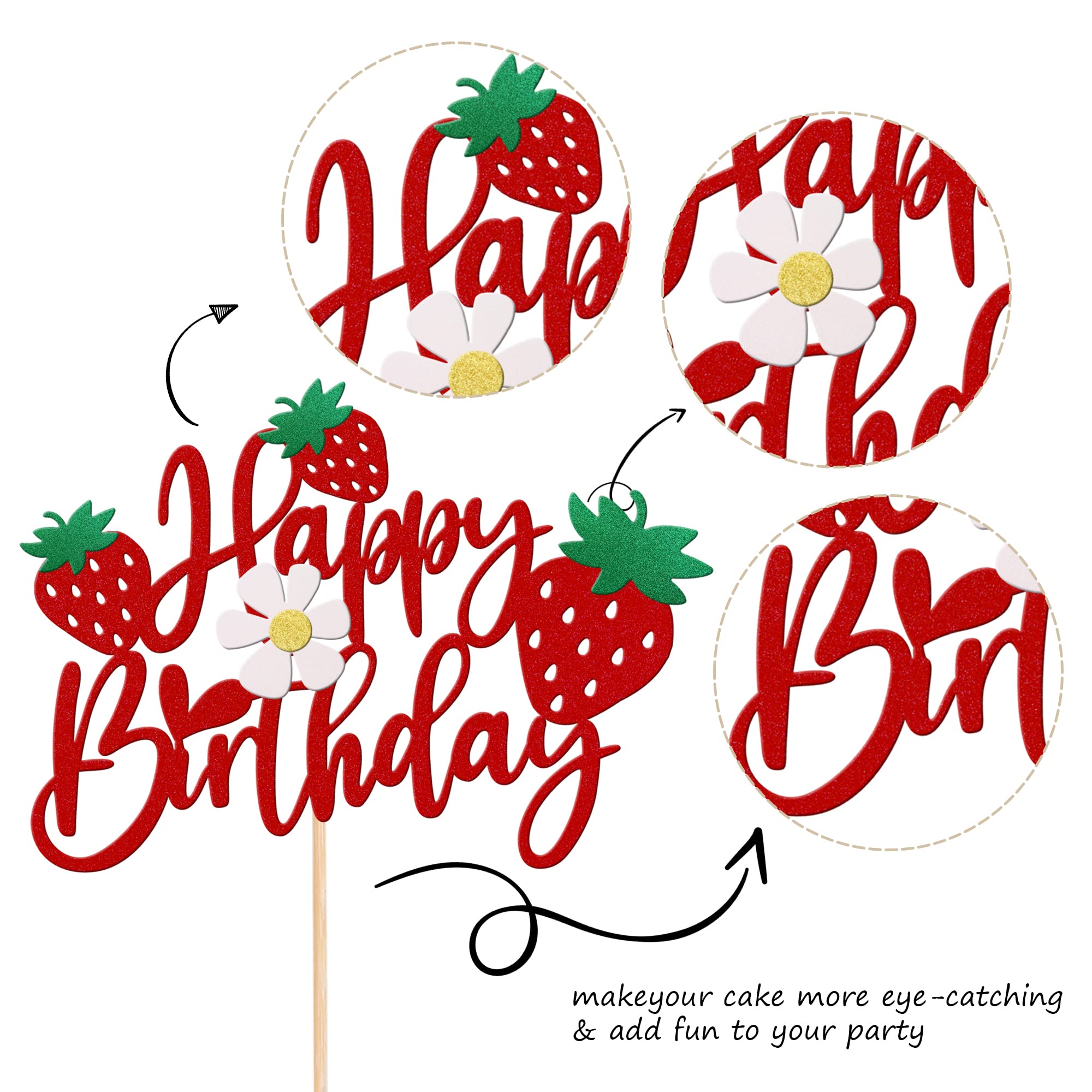 ZHUOWEISM Strawberry Happy Birthday Cake Topper – Glitter Flower, Fruit Theme Decoration