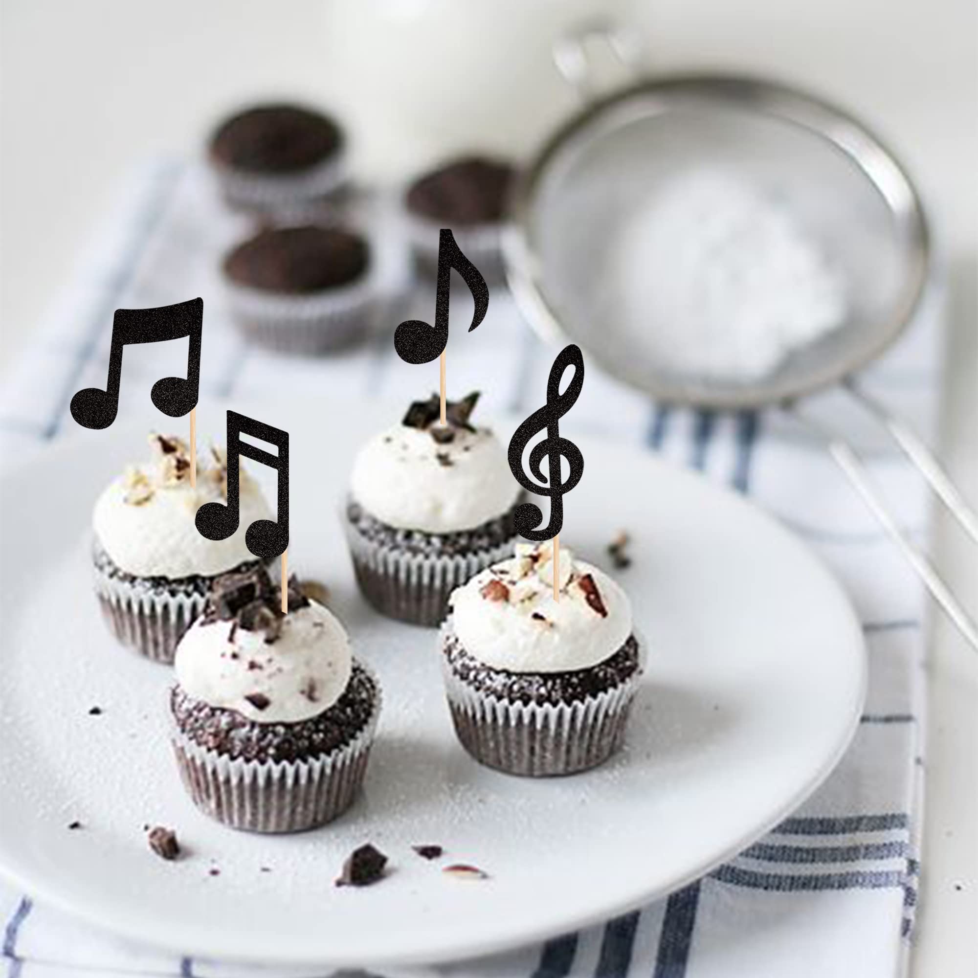 ZHUOWEISM 24-Pack Music Notes Cupcake Toppers – Black Glitter Party Picks