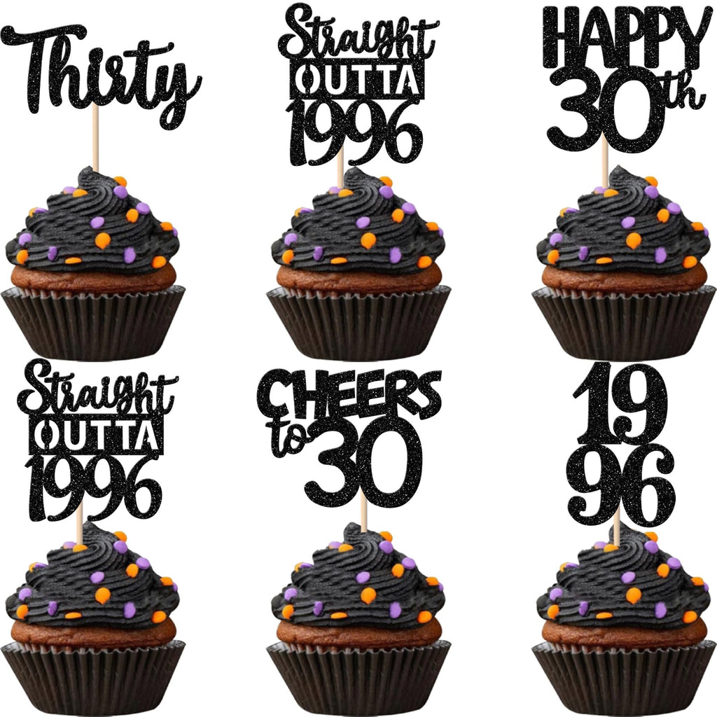 ZHUOWEISM 30Pcs Black Glitter Cupcake Toppers – Straight Outta 1996, 30th Birthday & Anniversary Decor