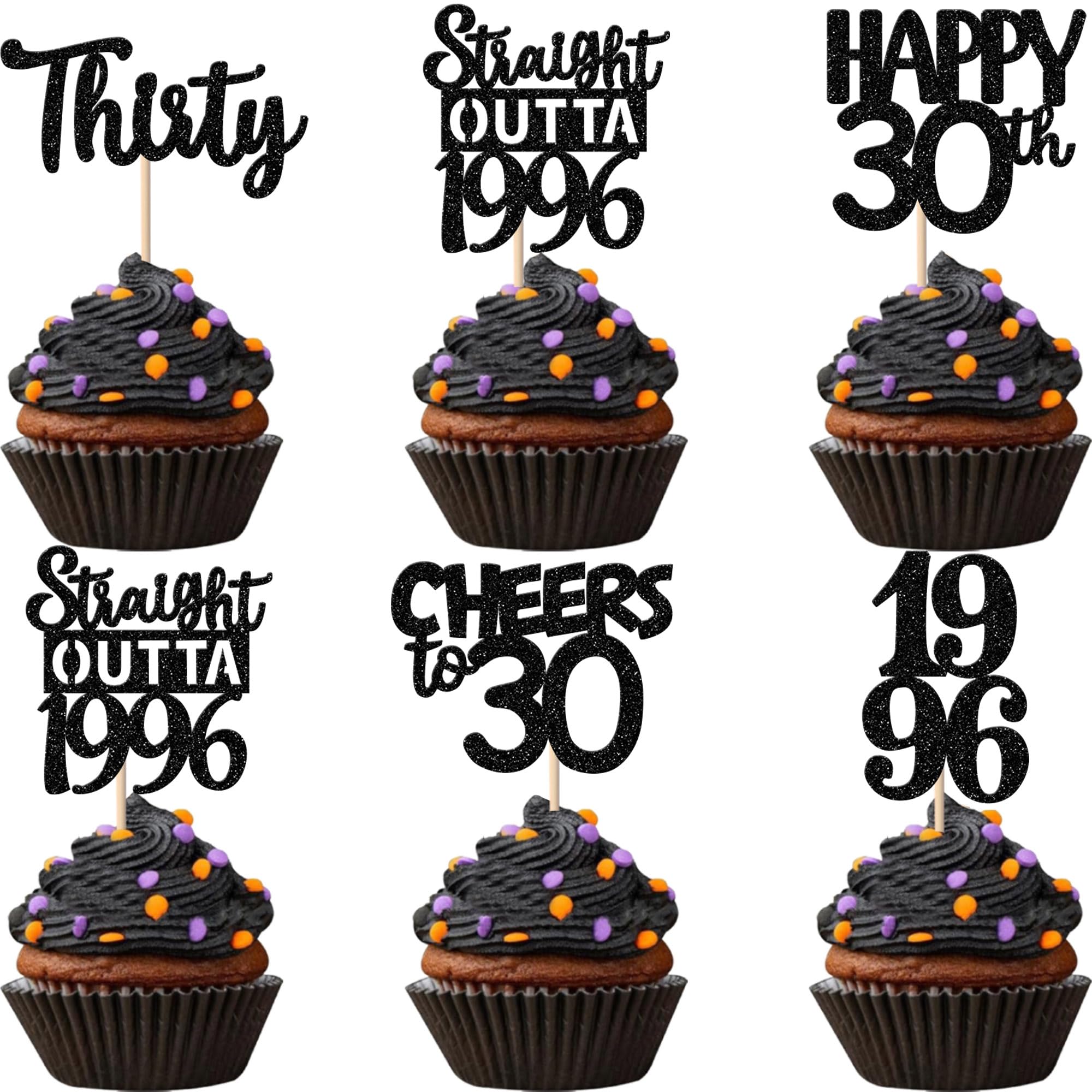ZHUOWEISM 30Pcs Black Glitter Cupcake Toppers – Straight Outta 1996, 30th Birthday & Anniversary Decor