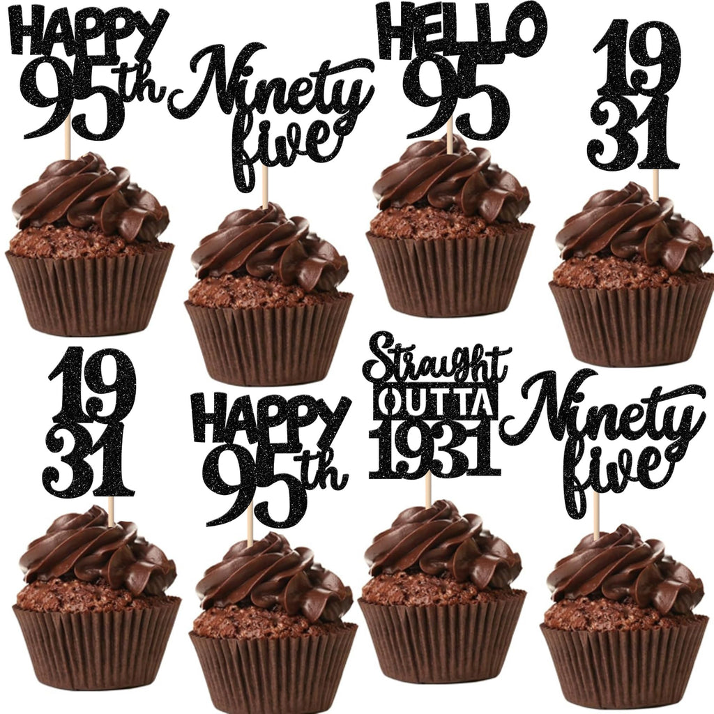ZHUOWEISM 30-Pack Black 95th Birthday Cupcake Toppers – Glitter Nighty Five, Straight Outta 1931 Party Picks