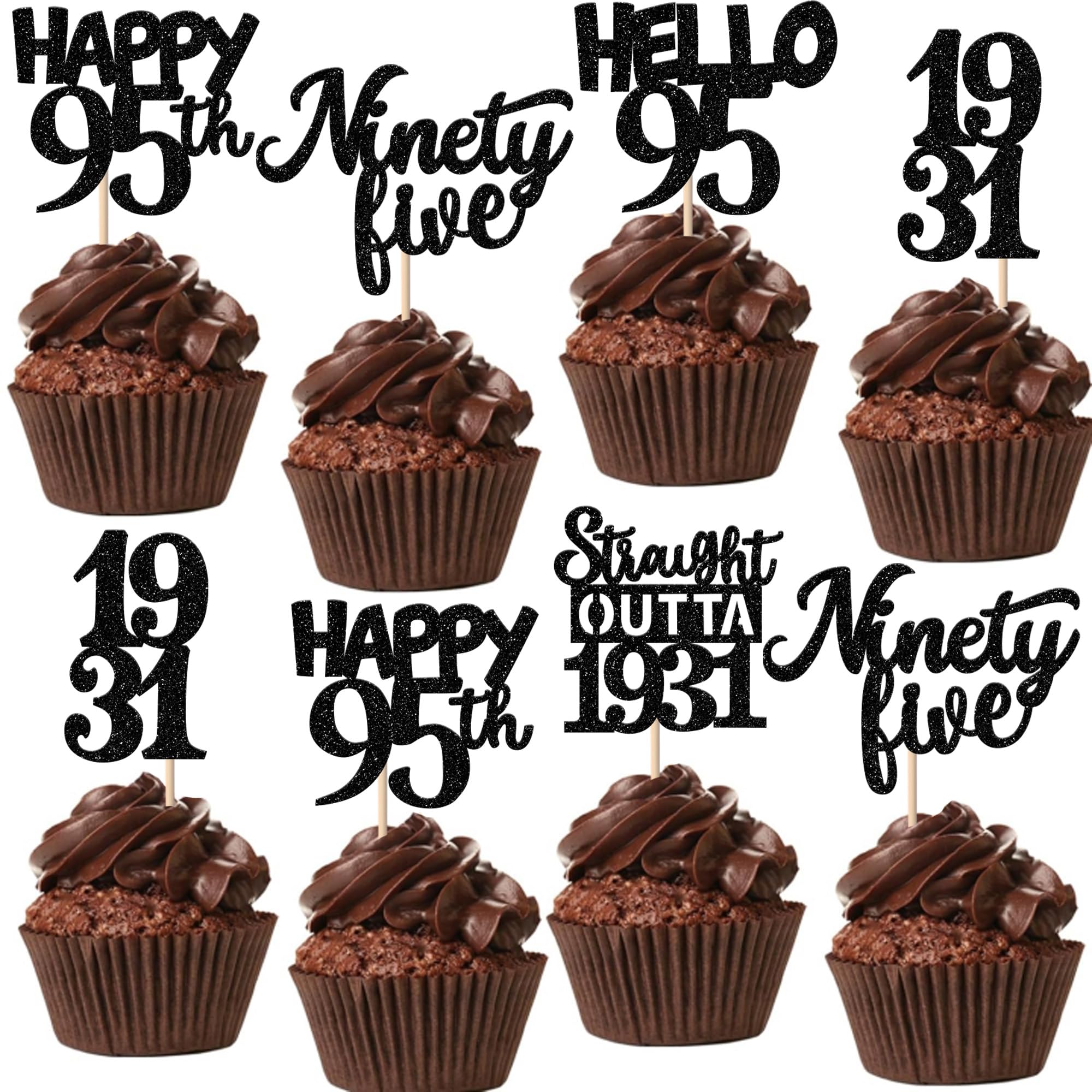 ZHUOWEISM 30-Pack Black 95th Birthday Cupcake Toppers – Glitter Nighty Five, Straight Outta 1931 Party Picks