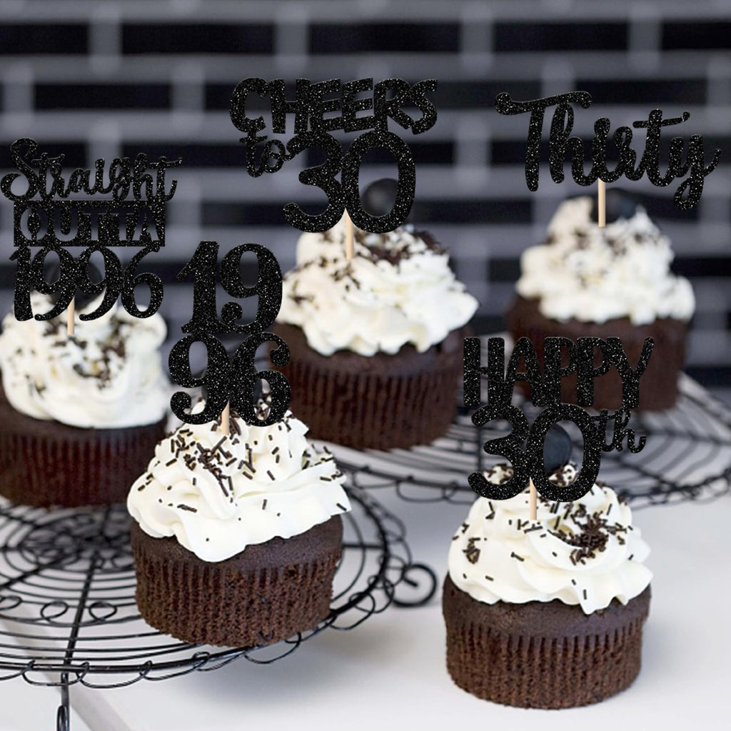 ZHUOWEISM 30Pcs Black Glitter Cupcake Toppers – Straight Outta 1996, 30th Birthday & Anniversary Decor