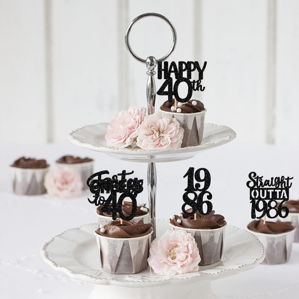 ZHUOWEISM 30pcs Black Glitter Cupcake Toppers - Straight Outta 1986 for 40th Birthday & Anniversary