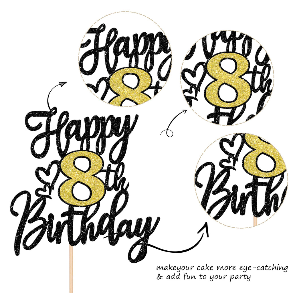 ZHUOWEISM Happy 8th Birthday Cake Topper – Black Gold Glitter Cheers to 8 Years