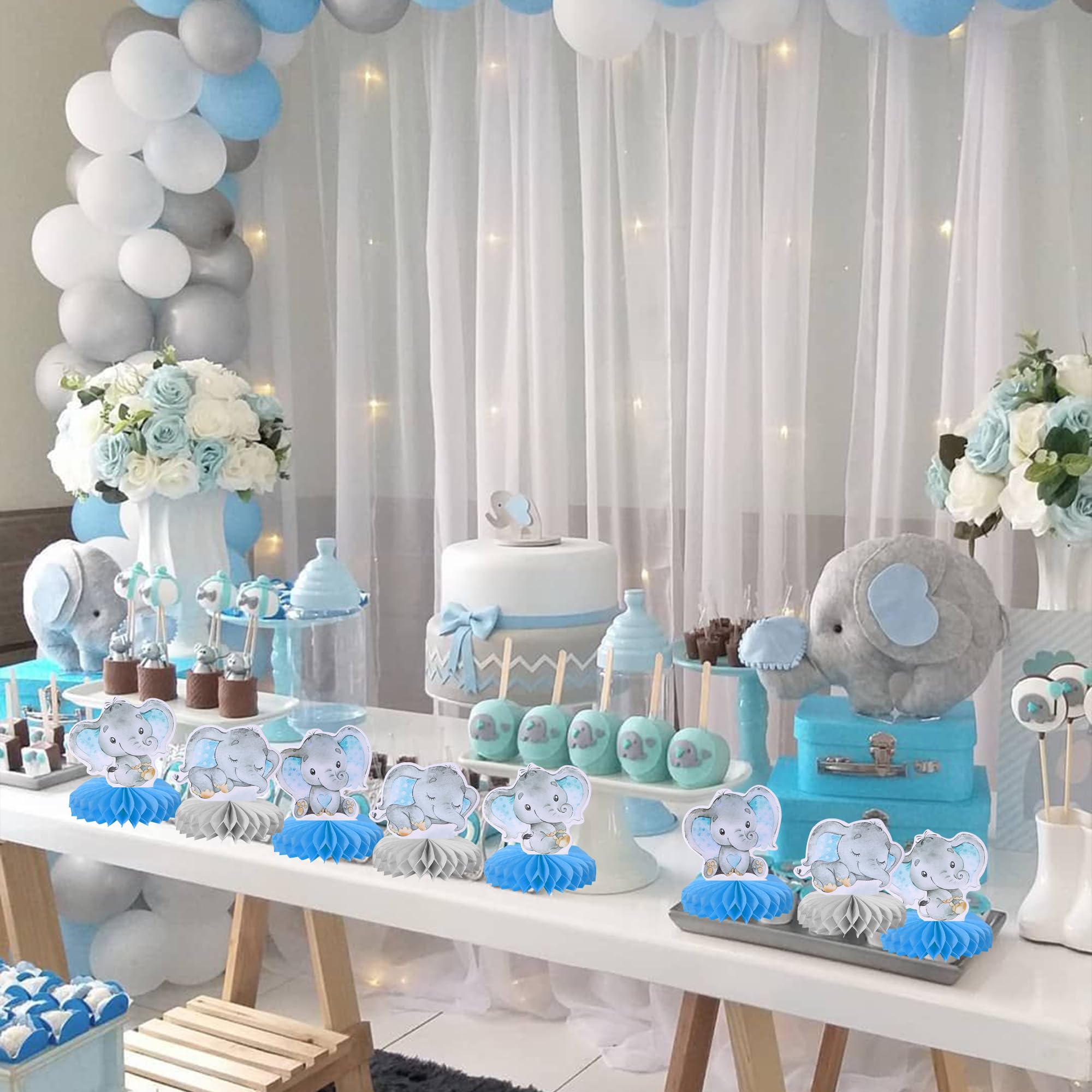 ZHUOWEISM 6-Pack Blue Elephant Honeycomb Centerpieces | It's a Boy Elephant Theme Baby Shower & Kids Party Decor