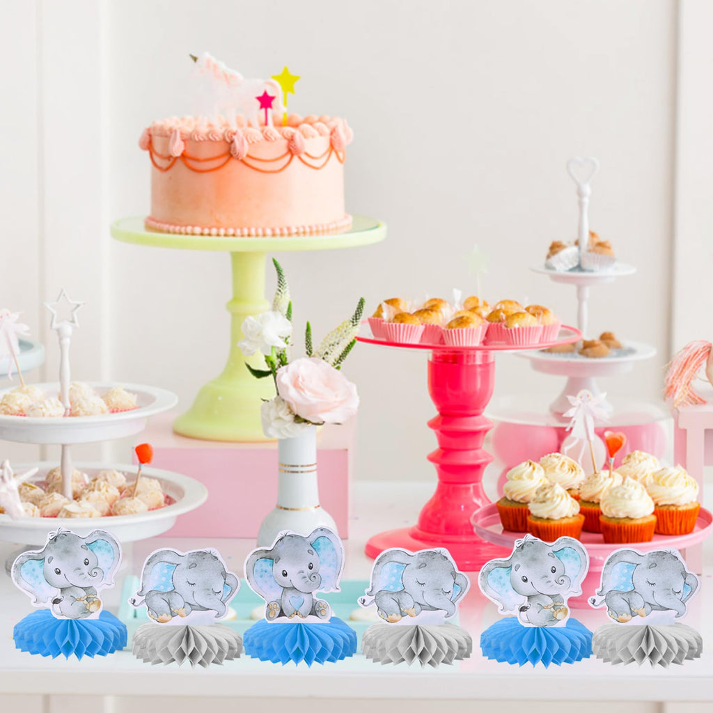 ZHUOWEISM 6-Pack Blue Elephant Honeycomb Centerpieces | It's a Boy Elephant Theme Baby Shower & Kids Party Decor