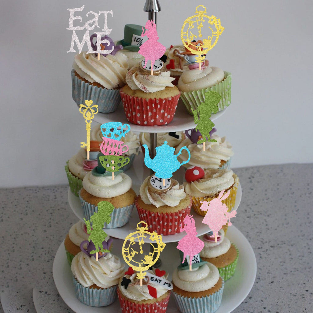 ZHUOWEISM 24 PCS Magic Alice Cupcake Toppers – Glitter, Eat Me, Clock, Fairy Party Picks