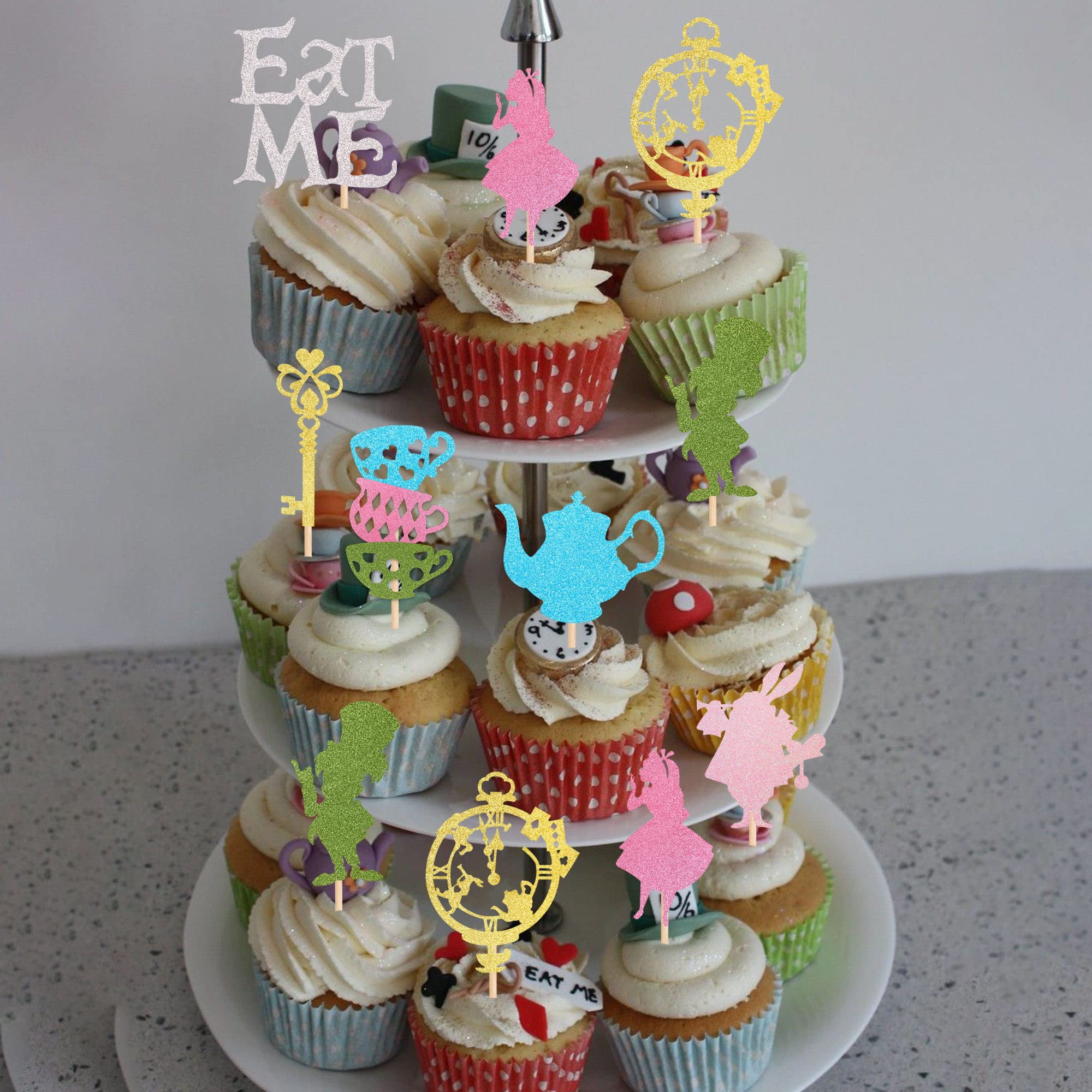 ZHUOWEISM 24 PCS Magic Alice Cupcake Toppers – Glitter, Eat Me, Clock, Fairy Party Picks