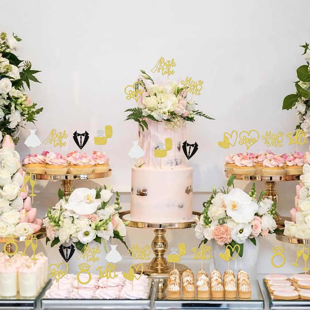 ZHUOWEISM 30 Pcs Bride to Be Cupcake Toppers Glitter Gold | I Do, Miss to Mrs, Bridal Shower & Wedding Decor