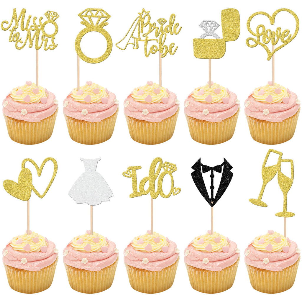 ZHUOWEISM 30 Pcs Bride to Be Cupcake Toppers Glitter Gold | I Do, Miss to Mrs, Bridal Shower & Wedding Decor