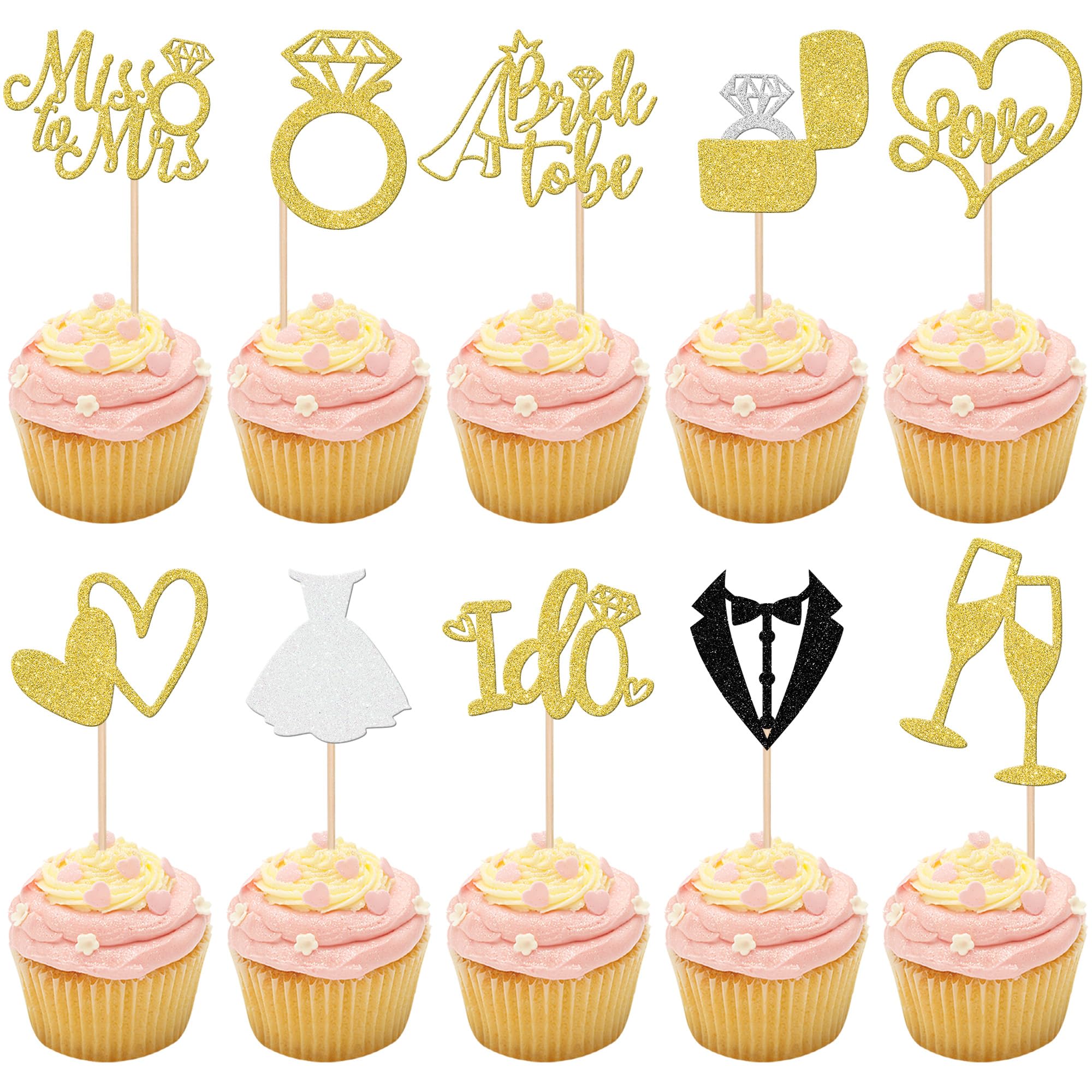 ZHUOWEISM 30 Pcs Bride to Be Cupcake Toppers Glitter Gold | I Do, Miss to Mrs, Bridal Shower & Wedding Decor