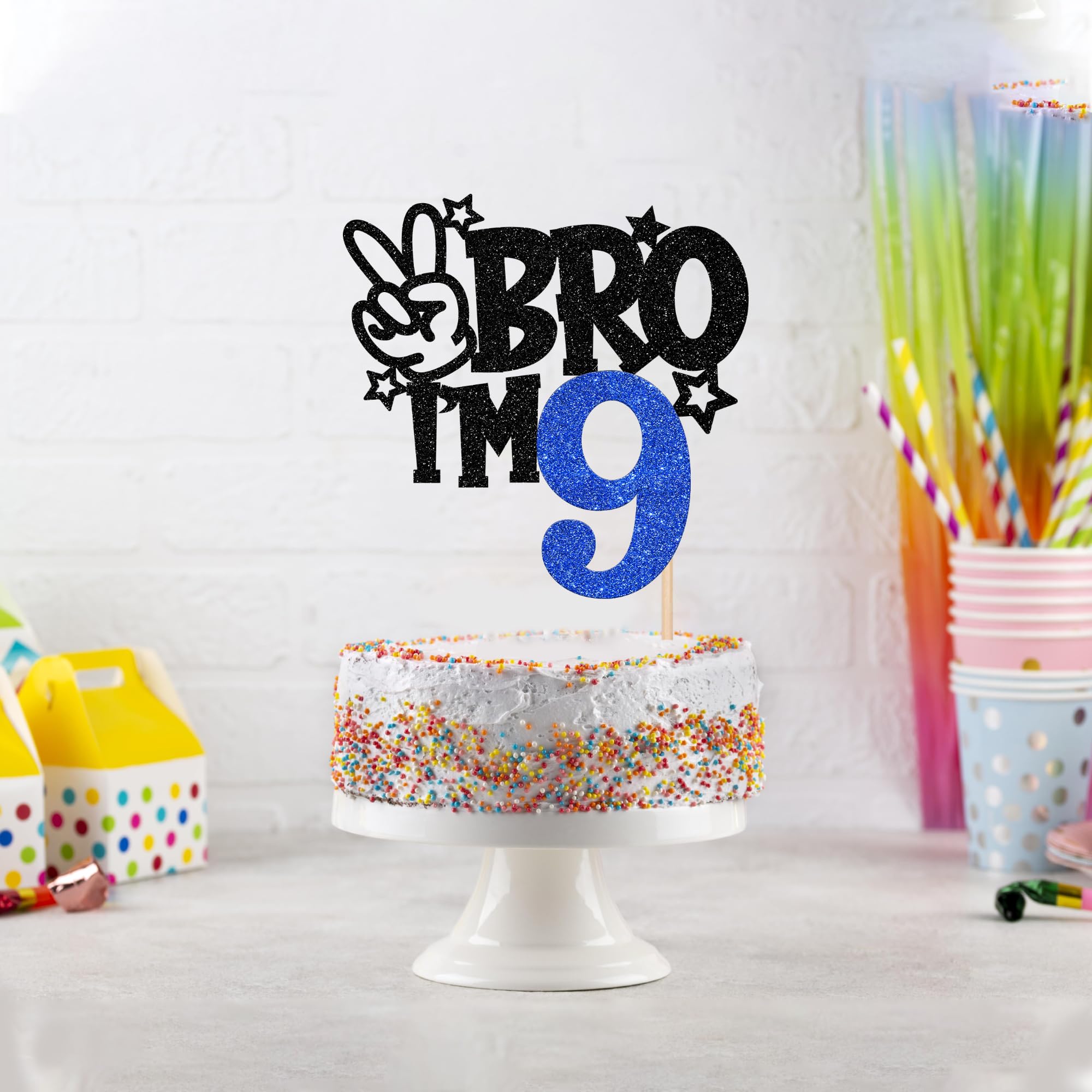 ZHUOWEISM Brother I'm 9 Cake Topper – Blue Glitter Star, 6.5 x 9.4 in, Ready-to-Use Birthday Decoration