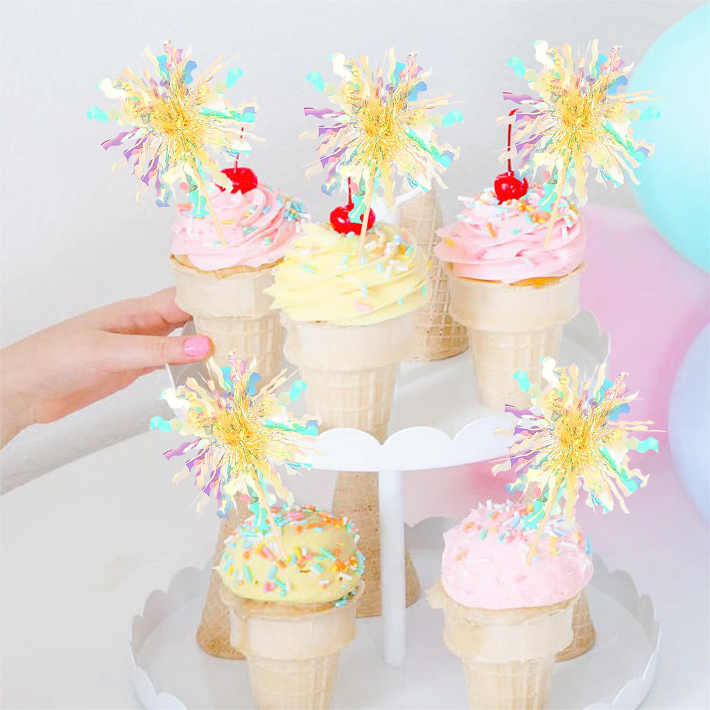ZHUOWEISM 30 Pcs Foil Firework Cupcake Toppers – Sparkle Tinsel Picks for Birthday, Baby Shower, Graduation, Wedding